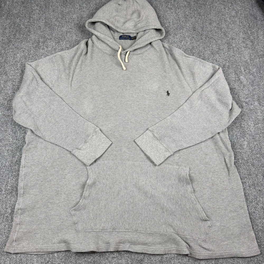 Polo Ralph Lauren Waffle Knit Hoodie Mens 5XB Gray Thermal Pullover Pony Logo
